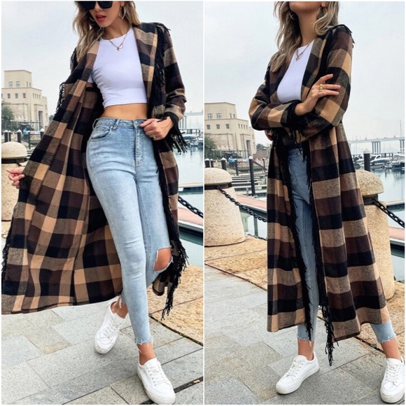 Cozy Brown Tan Plaid Tassel Open Front Long Jacket Shacket - Picture 2 of 4